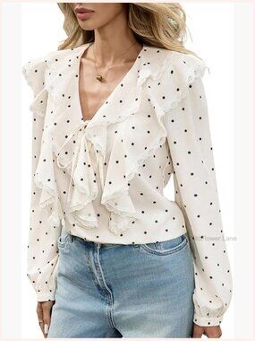 Ruffle Tie Front Blouse Polka Dots V Neck Long Sleeve Dressy Casual Shirt Top